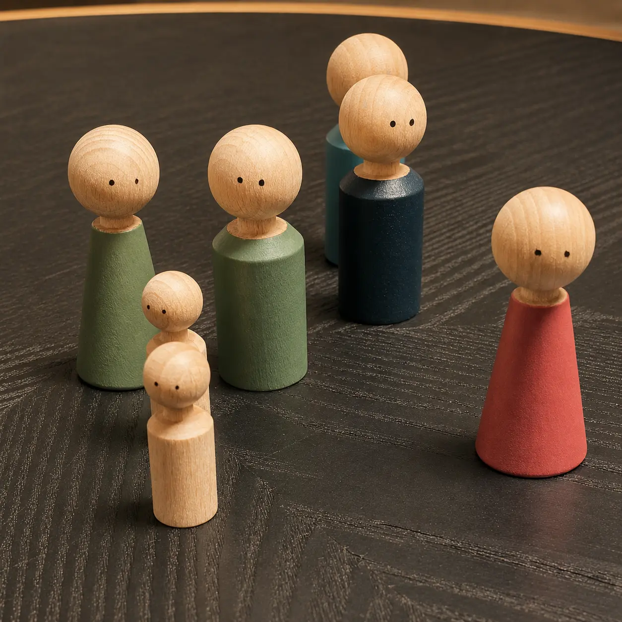 Houten opstellingsfiguren op een donkere tafel